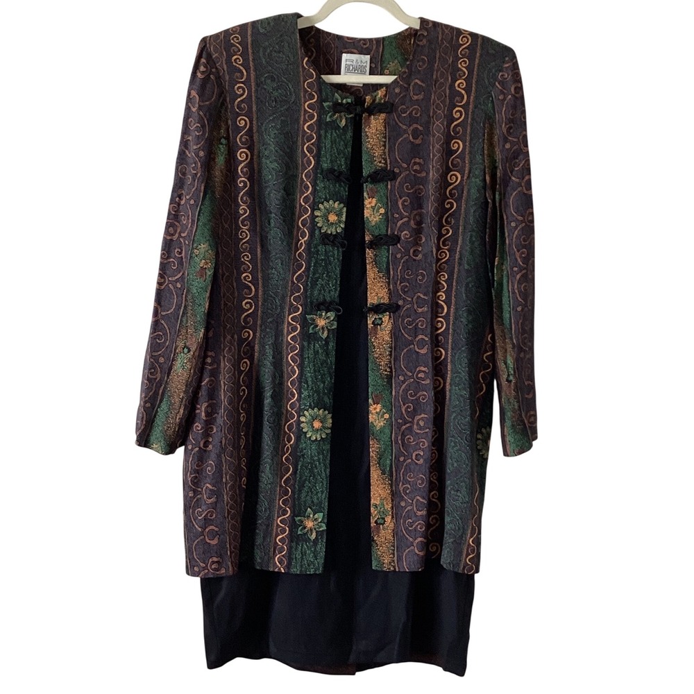 R & M Richards Karen Kwong‎ Dress Jacket Set Floral Paisley Black Brown Green M